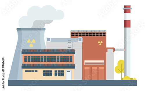 Modern Nuclear Power Plant with Chimney and Radiation Signs – Flat Vector Illustration