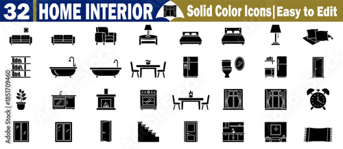 Home interior solid color flat icons set with furniture elements and household items vector illustration. 