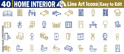 Home interior line art icons set with furniture elements and household items. 