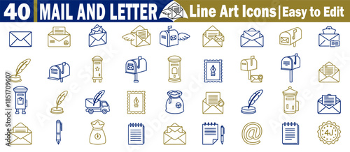 Mail and letter line art icons are easy to edit for communication and postal service designs.