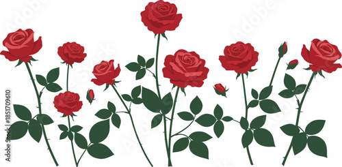 A stylized collection of red roses and buds growing on stems with dark green leaves
