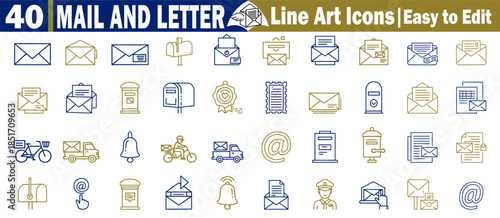 Mail and letter line art icons are easy to edit for email and postal communication concepts.