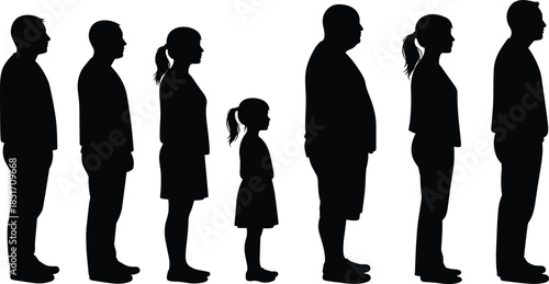 Diverse human silhouettes row, age and body type variation, male and female profiles, growth progression, inclusive demographic concept illustration, vector set
