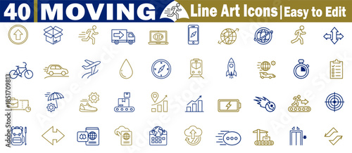 Moving line art icons collection representing transportation and logistics services vector illustration. 