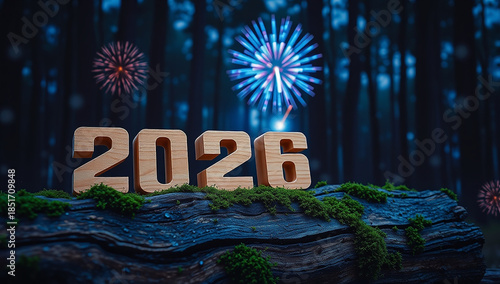 Festive fireworks illuminate wooden 2026 numbers against a dark forest backdrop