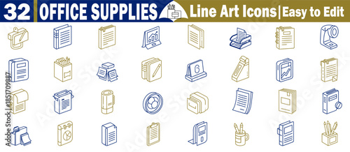 Office supplies line art icons, easy to edit, vector collection with stationery objects. 