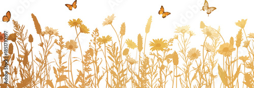 Butterflies flying over a field of tall golden grass and wildflowers in a sunny meadow scene