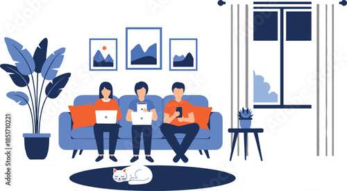 Family sitting on blue sofa using laptops and smartphones with sleeping cat in flat vector living room