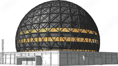 Modern geodesic dome building with glass facade and steel structure for science center or futuristic architecture