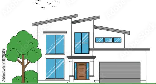 Modern two story suburban house exterior with large glass windows garage green tree and birds flat vector illustration