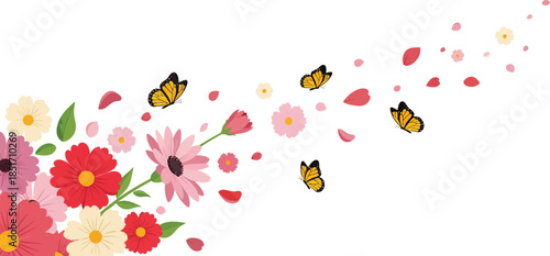 Colorful butterflies and flowers flying together in a beautiful floral arrangement with white background