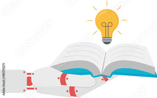 Robot Hand Holding Open Book with Glowing Idea Lightbulb
