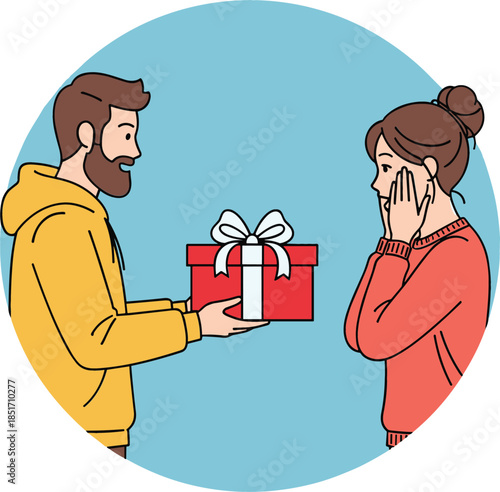 Bearded man giving surprise gift box to excited woman in circular frame flat vector illustration for holidays