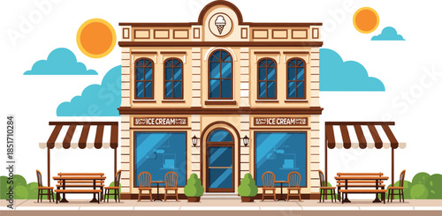 Two story ice cream shop storefront facade with outdoor wooden tables striped awnings and sunny sky vector illustration