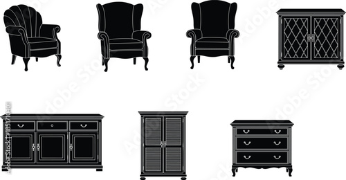 vintage furniture, armchair silhouette, cabinet vector, drawer design, classic style, black illustration, flat shape, minimal art, home decor, interior icon
