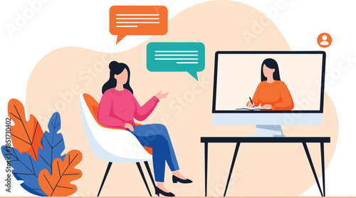 Woman sitting in chair having video conference call with colleague on computer monitor flat vector illustration remote work