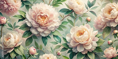 A Lush Tapestry of Exquisite Pale Peonies in Full Bloom, Gracefully Arranged Amidst Vibrant Green Foliage, Creating a Serene and Elegant Floral Composition