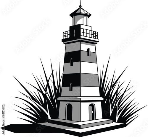 Striped lighthouse coastal beacon building with tall grass silhouette minimalist black and white nautical flat vector illustration