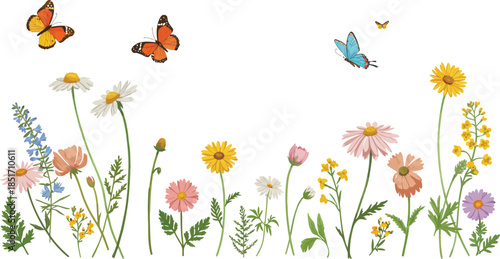 Colorful butterflies flying over a vibrant field of wildflowers on a sunny day outdoors
