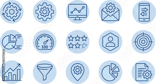 Blue line icons set for data analytics, business management, process optimization, workflow automation, performance tracking, marketing strategy, and financial growth concepts