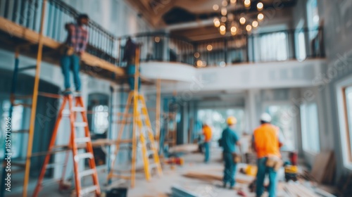 Blurred image of construction workers renovating a large, luxurious interior space
