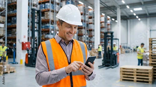 Warehouse worker in safety vest and hard hat using smartphone amidst inventory and forklift operations in large storage facility