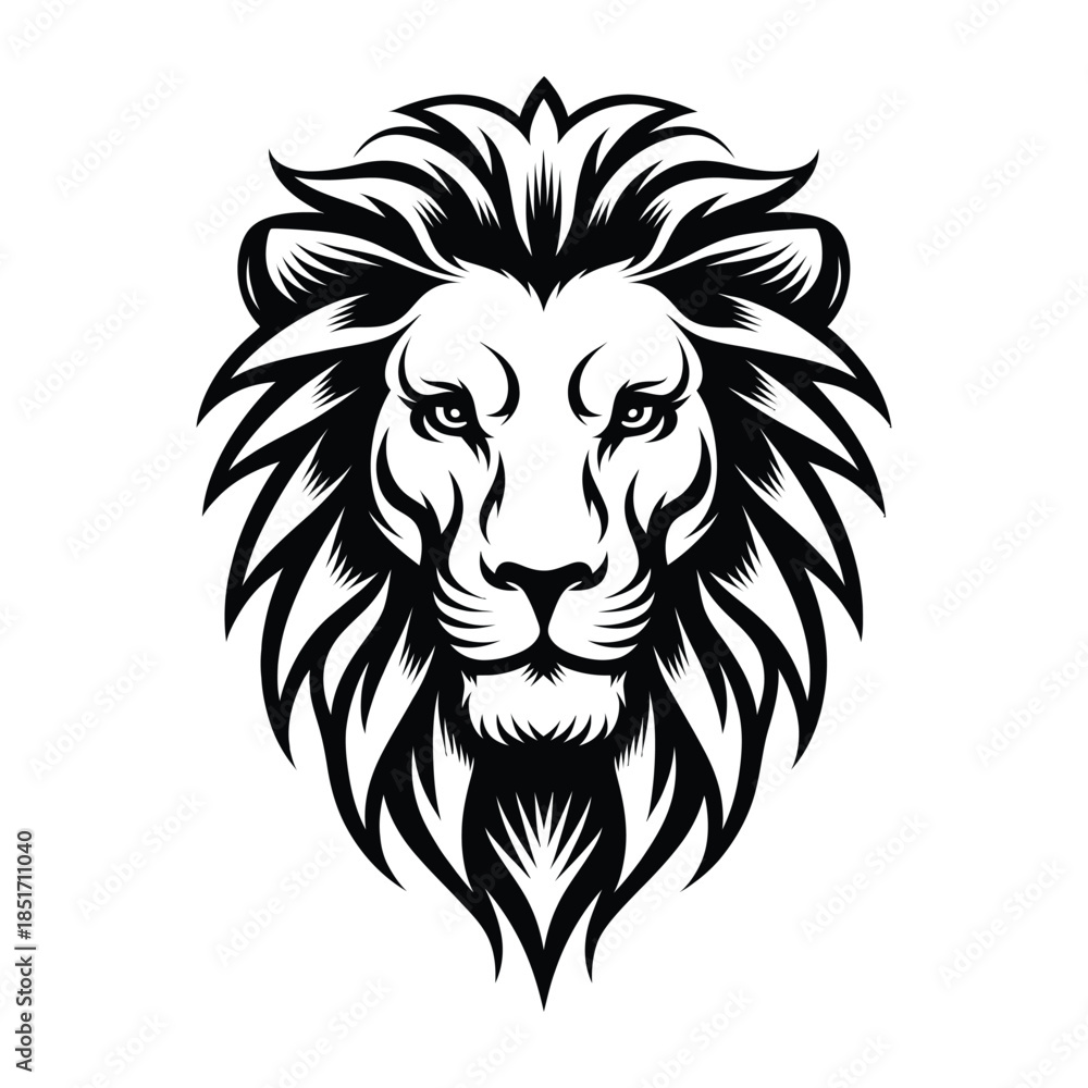 Obraz premium Lion Head Vector Illustration of a Powerful Wild Animal Mascot Logo in Black and White