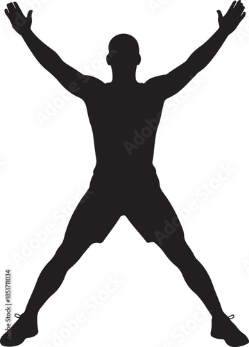 Athletic Man Silhouette in Jumping Jack Star Pose on White Background