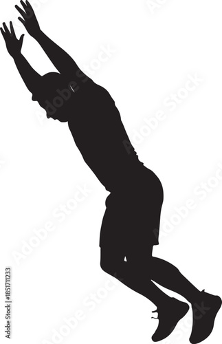 Silhouette of a man jumping or diving. Male athlete leaping in the air. Active person vector illustration.