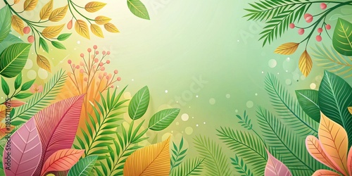 Vibrant foliage design featuring a lush array of leaves, branches, and berries, set against a soft, pastel green background, ideal for various design applications.