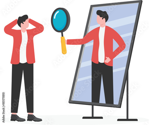 Self-Analysis Concept: Man Looking at Reflection with Magnifying Glass
