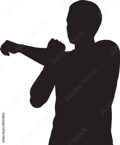 Man Silhouette Stretching Arm Across Chest on White Background