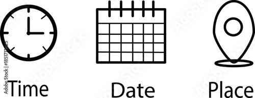 Time date and location icons on a white background