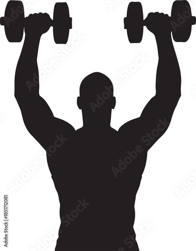 Silhouette of Muscular Bodybuilder Performing Dumbbell Overhead Shoulder Press Exercise