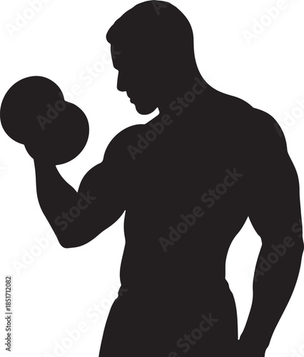 Muscular Man Silhouette Lifting Dumbbell Bicep Curl on White Background
