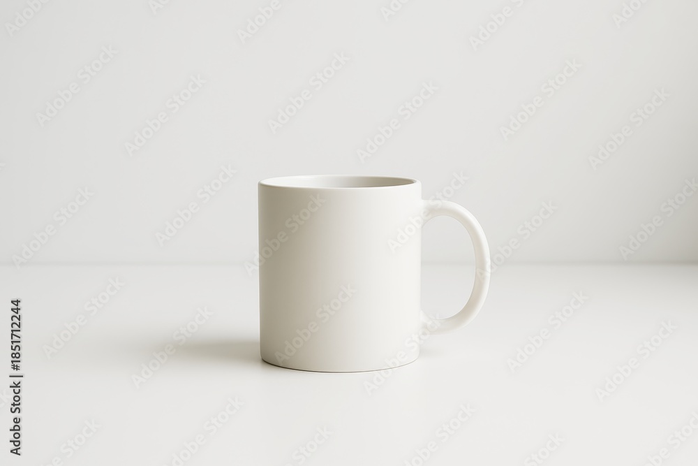 Fototapeta premium Minimalist white ceramic mug on clean background with soft shadows for branding and product presentation concept in commercial drinks design. Ai generative