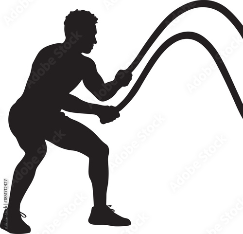 Silhouette of Fit Man Training with Battle Ropes in Gym on White Background