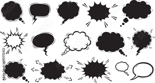 Collection of Black Speech Bubbles and Thought Clouds for Communication and Expression