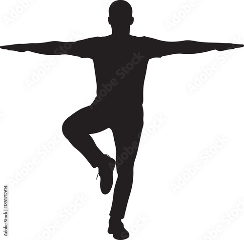 Silhouette of Man Balancing on One Leg with Arms Extended for Stability and Coordination