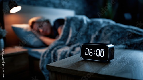 Digital alarm clock reading 06:00 in the foreground with a woman sleeping and a lamp light