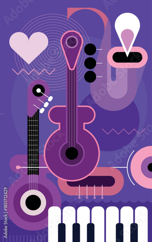 Music instruments vector poster design. Composition of a guitars, saxophone, trumpet and piano on a violet background.
