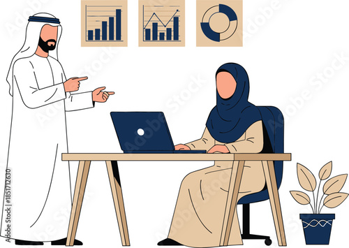 Two Arab business professionals analyzing data and charts on a laptop, symbolizing financial analysis and Middle Eastern corporate growth strategy