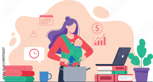Mother working remotely on a laptop while carrying her baby in a sling, perfectly balancing busy career and domestic responsibilities