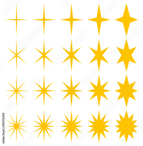 様々な形の星型、輝きマーク、キラーンマークのアイコンのベクターイラストのセット