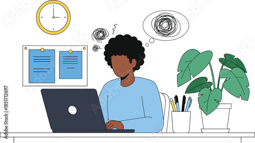 Stressed employee working late on a laptop at a busy desk, thinking about problems and feeling overwhelmed by tasks and deadlines