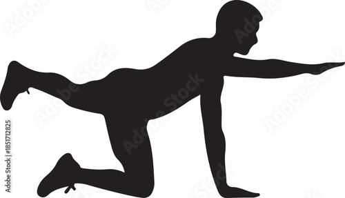 Man Silhouette Doing Bird Dog Core Exercise on White Background