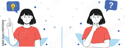 A woman finding a solution with a bright idea and contemplating an issue with a question mark, symbolizing problem-solving and thought