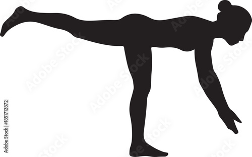 Woman Silhouette in Yoga Warrior 3 Balance Pose on White Background