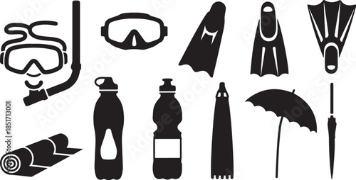 Black icons of beach and pool essentials on white