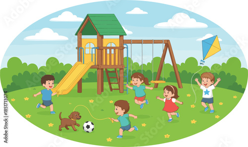 Happy cartoon children and a dog playing together on a vibrant summer playground with a slide, swings, and flying kite